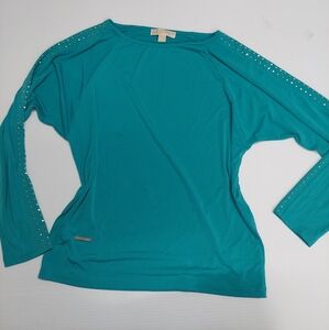 MICHEAL KORS Teal Long Sleeve Top with Studded Sleeves